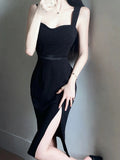 Elegant Sheath Straps Black Split Satin Prom Dress Birthday Outfits HZ1024
