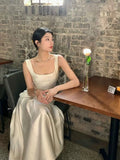 Vintage Mermaid Square Neckline White Sleeveless Satin Prom Dresses Birthday Party Dress HZ1024