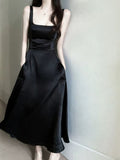 Elegant A Line Square Neckline Black Satin Prom Dress Birthday Outfits With Pockets HZ1024
