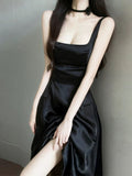 Elegant A Line Square Neckline Black Satin Prom Dress Birthday Outfits With Pockets HZ1024