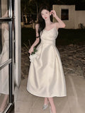 Vintage A Line Spaghetti Straps Satin Ivory Sleeveless Prom Dresses Birthday Party Dress HZ1024