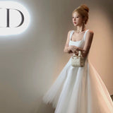 Vintage A Line Straps Tulle White Sleeveless Prom Dresses Birthday Party Dress HZ1024