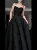 Vintage A Line Spaghetti Straps Satin Black Sleeveless Prom Dresses Birthday Party Dress HZ1024