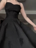Vintage A Line Spaghetti Straps Satin Black Sleeveless Prom Dresses Birthday Party Dress HZ1024