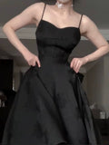 Vintage A Line Spaghetti Straps Satin Black Sleeveless Prom Dresses Birthday Party Dress HZ1024