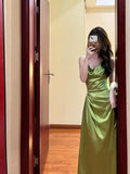 Pretty Sheath Spaghetti Straps Green Satin Long Evening Dress Prom Dresses With Ruffles HZ1024