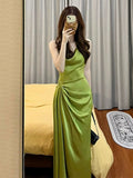 Pretty Sheath Spaghetti Straps Green Satin Long Evening Dress Prom Dresses With Ruffles HZ1024