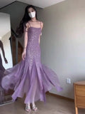 Pretty Mermaid Spaghetti Straps Chiffon Evening Dress Prom Dresses With Beads HZ1024