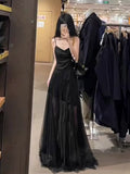 Vintage A Line Spaghetti Straps Black Chiffon Long Evening Dress Prom Dresses HZ1024