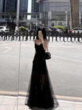 Vintage A Line Spaghetti Straps Black Chiffon Long Evening Dress Prom Dresses HZ1024
