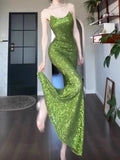 Vintage Sheath Spaghetti Straps Green Sequin Long Evening Dress Prom Dresses HZ1024