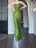 Vintage Sheath Spaghetti Straps Green Sequin Long Evening Dress Prom Dresses HZ1024