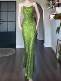 Vintage Sheath Spaghetti Straps Green Sequin Long Evening Dress Prom Dresses HZ1024
