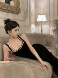 Vintage Sheath Straps Black Velvet Long Evening Dress Prom Dresses HZ1024