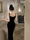 Vintage Sheath Straps Black Velvet Long Evening Dress Prom Dresses HZ1024