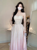 Vintage A Line Spaghetti Straps Ombre Pink Long Evening Dress Prom Dresses HZ1024