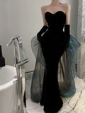 Modest Mermaid Strapless Black Sleeveless Prom Dress Formal Evening Dresses With Gloves HZ1024
