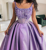 Pretty Ball Gown Straps Neckline Lilac Satin Evening Dress Prom Dresses With Beads HZ1024