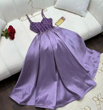 Pretty A Line Spaghetti Straps Lilac Satin Evening Dress Prom Dresses With Beads HZ1024