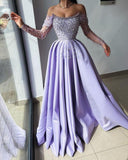 Pretty A Line Off The Shoulder Lilac Satin Evening Dress Prom Dresses With Beads HZ1024
