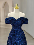 Vintage A line Off The Shoulder Royal Blue Sequin Long Evening Dress Prom Dresses HZ1024