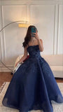 Vintage Ball Gown Strapless Navy Blue Satin Lace Long Evening Dress Prom Dresses HZ1024
