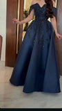 Vintage A line Off The Shoulder Navy Blue Satin Lace Long Evening Dress Prom Dresses HZ1024