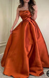 Pretty A Line Strapless Burnt Orange Satin Evening Dress Prom Dresses With Ruffles HZ1024
