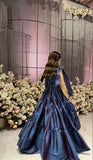 Pretty A Line Straps Navy Blue Long Satin Evening Dress Prom Dresses With Ruffles HZ1024