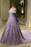 Pretty Ball Gown Strapless Lilac Tulle Long Evening Dress Prom Dresses With Flowers HZ1024