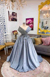Pretty Ball Gown V Neckline Light Sky Blue Satin Long Evening Dress Prom Dresses With Flowers HZ1024