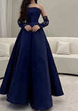Pretty A line Strapless Navy Blue Long Prom Dress Evening Dress With Gloves HZ1024