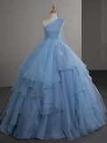 Pretty Ball Gown One Shoulder Tulle Blue Long Prom Dress, Blue Long Evening Dress HZ1024