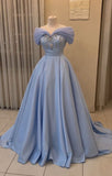 Pretty Ball Gown Off The Shoulder Blue Long Prom Dress Evening Dress With Beads HZ1024