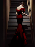 Sexy Mermaid Off The Shoulder Satin Long Burgundy Prom Dresses HZ1024