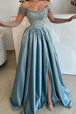 Pretty A Line Off The Shoulder Blue Slit Beads Long Prom Dress Evening Dresses HZ1024