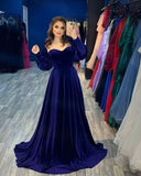 Simple A line Long Sleeves Royal Blue Velvet Prom Dress Long Evening Dress HZ1024