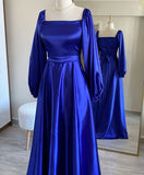 Simple A line Long Sleeves Royal Blue Satin Prom Dress Long Evening Dress HZ1024