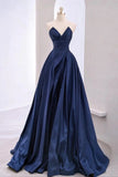 Pretty A Line Sweetheart Navy Blue Satin Long Prom Dress Evening Dresses HZ1024