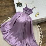 Pretty A Line Spaghetti Straps Lilac Satin Long Prom Dress Evening Dresses HZ1024
