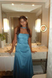 Sexy Sheath Strapless Blue Satin Prom Dresses Party Evening Dress With Ribbon HZ1024