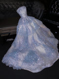 Fairytale A Line Strapless Light Sky Blue Tulle Sleeveless Prom Dress Evening Dresses HZ1024