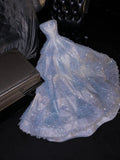 Fairytale A Line Strapless Light Sky Blue Tulle Sleeveless Prom Dress Evening Dresses HZ1024