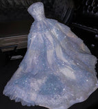 Fairytale A Line Strapless Light Sky Blue Tulle Sleeveless Prom Dress Evening Dresses HZ1024