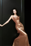 Sexy Sheath Straps Sequin Gold Prom Dresses Party Evening Dress With Ruffles HZ1024