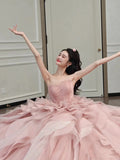 Vintage Ball Gown Strapless Pink Long Prom Dresses Tulle Layers Evening Dress HZ1024