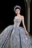 Vintage Ball Gown Strapless Sequin Silver Long Prom Dresses Layers Evening Dress HZ1024
