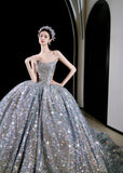 Vintage Ball Gown Strapless Sequin Silver Long Prom Dresses Layers Evening Dress HZ1024