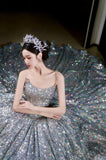 Vintage Ball Gown Strapless Sequin Silver Long Prom Dresses Layers Evening Dress HZ1024