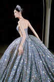 Vintage Ball Gown Strapless Sequin Silver Long Prom Dresses Layers Evening Dress HZ1024